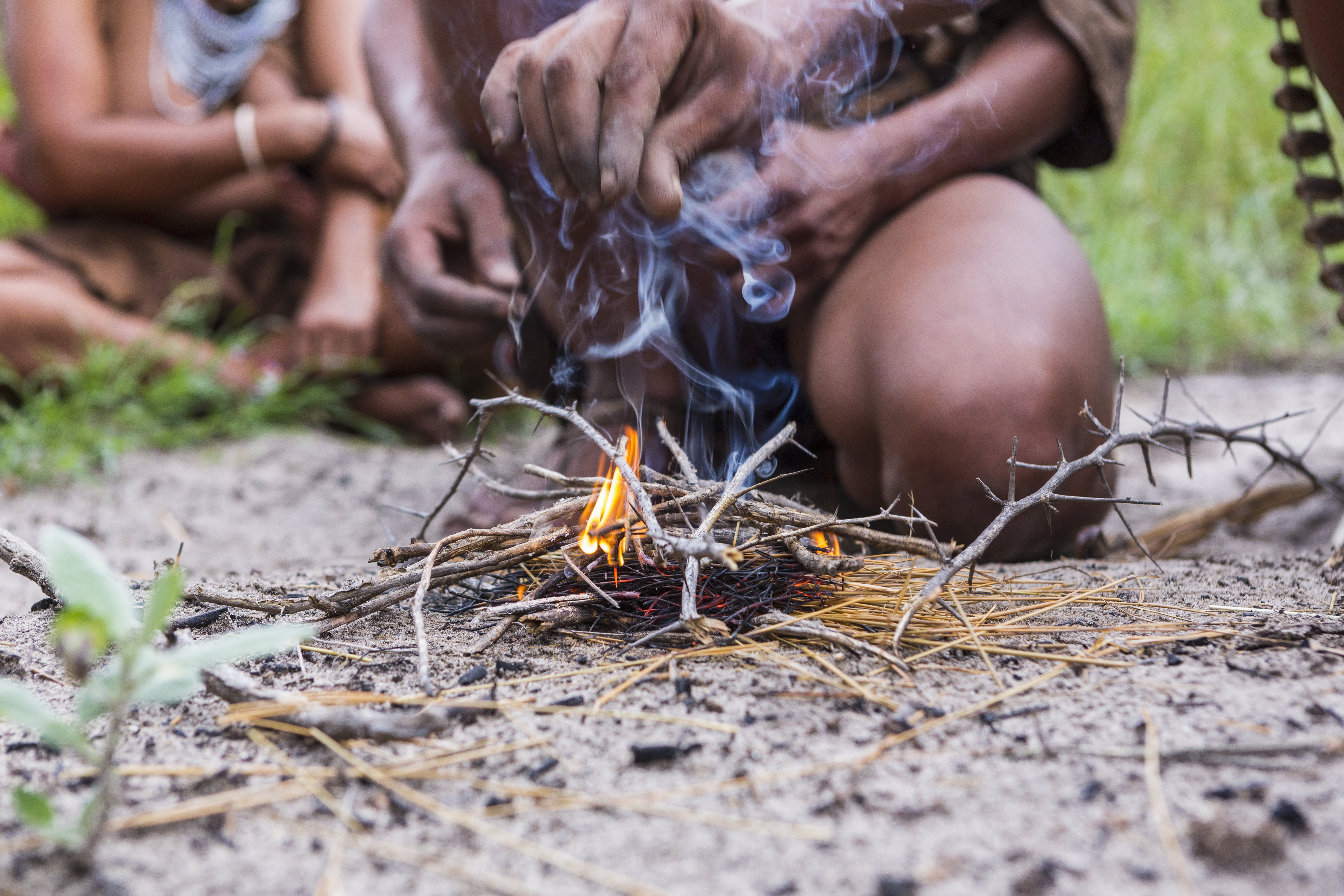 close up of Bushman creating fire,Botswana